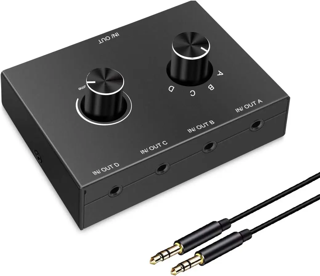 

4 Port Audio Switch 3.5mm Stereo AUX Selector Switcher Box With 4 Channel Switch Knob No External Power Required for PC Laptop