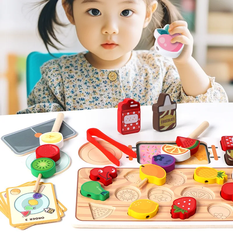 Drewniane zabawki Montessori dla dzieci szpikulec owocowy pasujące koraliki gwintowanie gra edukacyjna logika szkolenia klocki do budowy gra prezenty