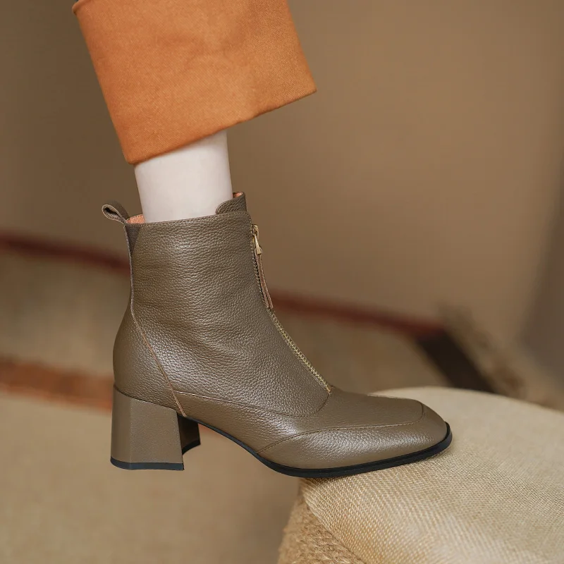 New Autumn Genuine Leather Women Boots Fashion Square Toe Modern Women Shoes Chunky Heel Short Boots High Heels Ladies Shoes