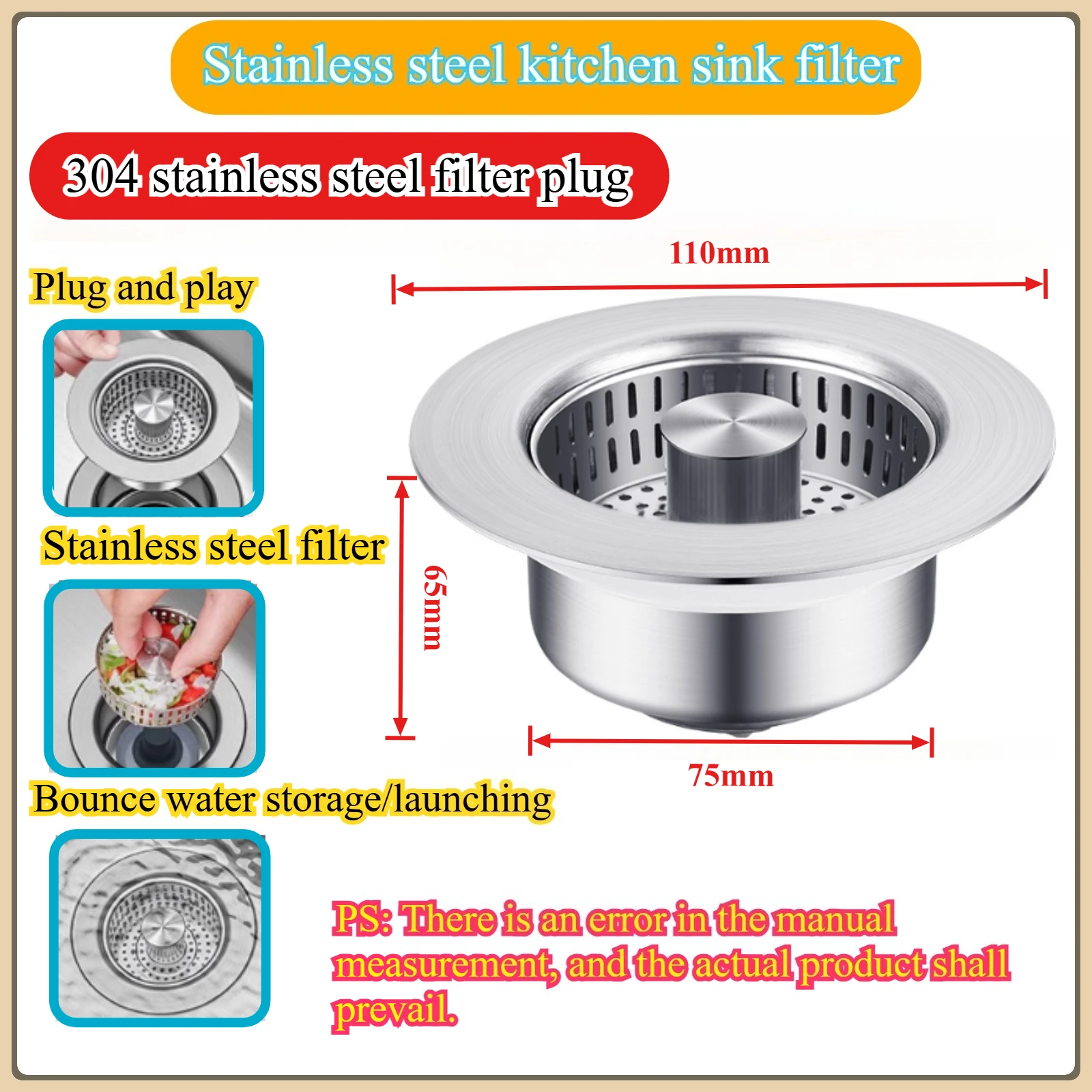 

Универсальный фильтр для кухонной мойки из нержавеющей стали, сетчатый фильтр, сливная пробка с отскоком сердечника, герметичная для овощей