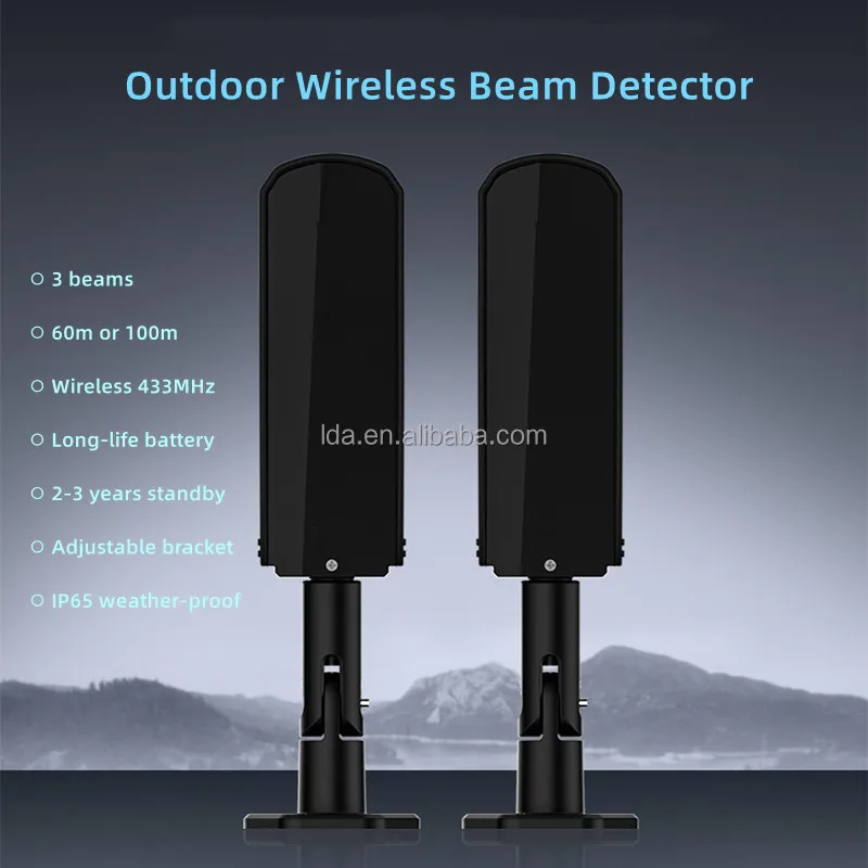 Wireless 433MHz Cable Free Battery Power Infrared Beam Detector Wireless Photoelectric 3-Beam Detector for Perimeter Security