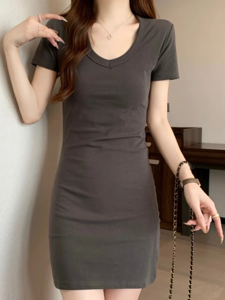 Summer New Women Hip Hugging Dress for Commuting Casual and Elegant Streetwear Beach Dress Short Sleeved U-neck Slim Mini Skirt