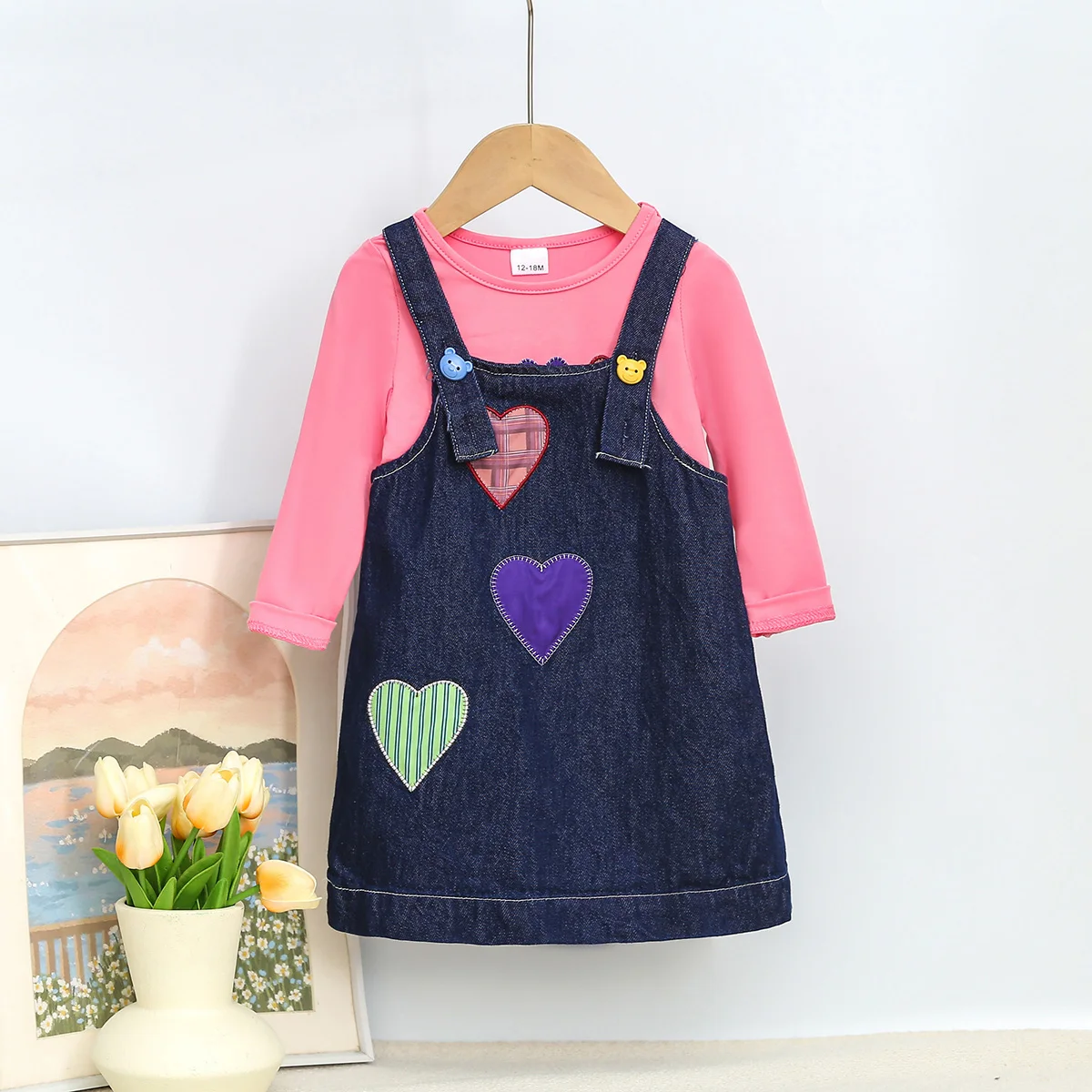 Girls Spring Autumn Pink Inner Matched Overalls Two-Piece Set Infant Girl Clothing Pink Outfit for Baby Girls