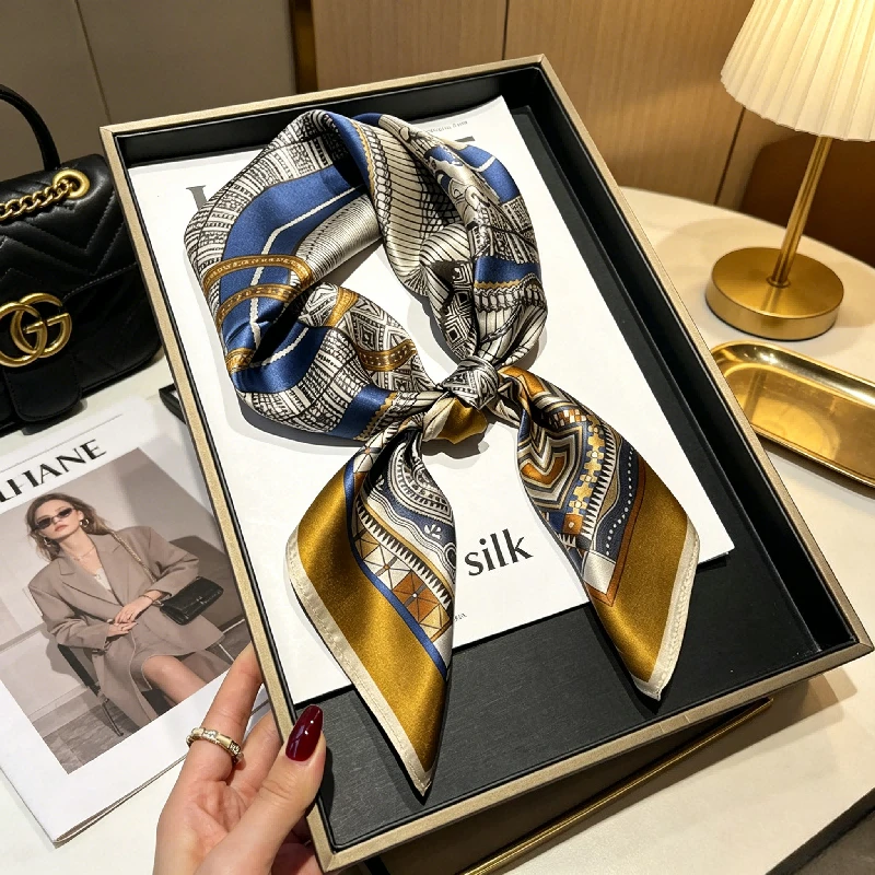 Premium Retro Thin Black Gold Disc Fan-shaped Plaid Silk Mulberry Silk 70 Square Scarf Bag Decoration Universal Silk Scarf view 2