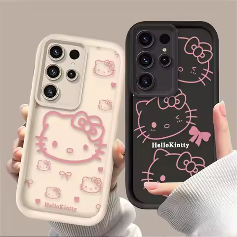Pink Line Hello Kitty Phone Case For Samsung Galaxy S23 S24 S25 Ultra S22 S21 Plus S20 FE A55 A54 A15 A35 5G Silicone Soft Cover