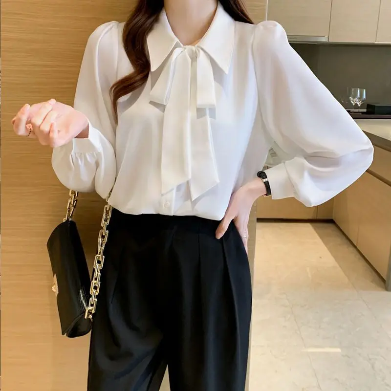 Autumn Elegant Fashon Office Lady Shirt Women All Match Chic Loose Casual Bow Turn Down Sleeve Lantern Sleeve Solid Color Top