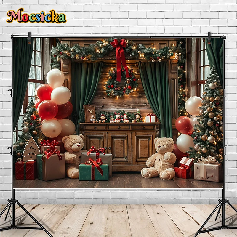 Mocsicka Winter Christmas Photography Backgrounds Teddy Bear Xmas Tree Holiday Party Kids Family Portrait Photo Backdrops Studio