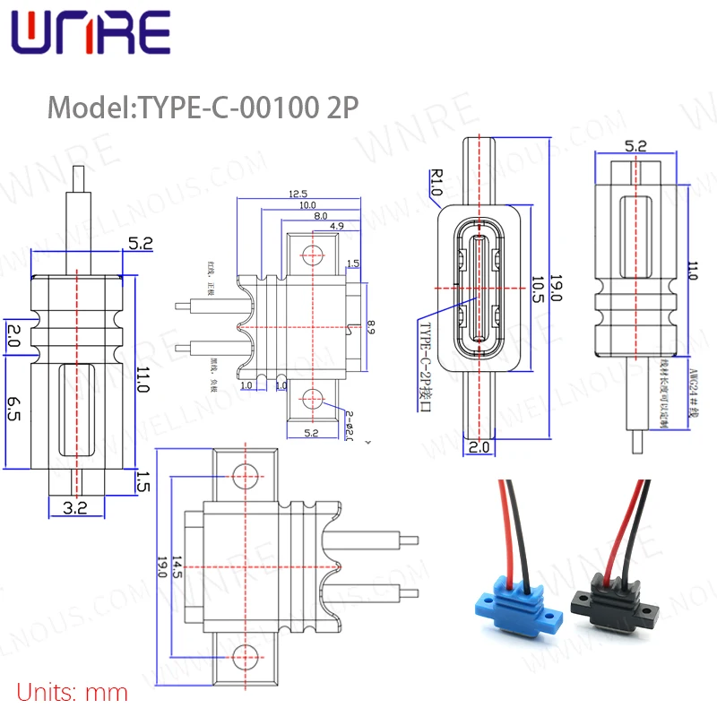 Type-c-00100 Upper And Lower Locking Screws 2P Fast Charging Data Cable USB Connector Female Socket Power Connection Port Socket