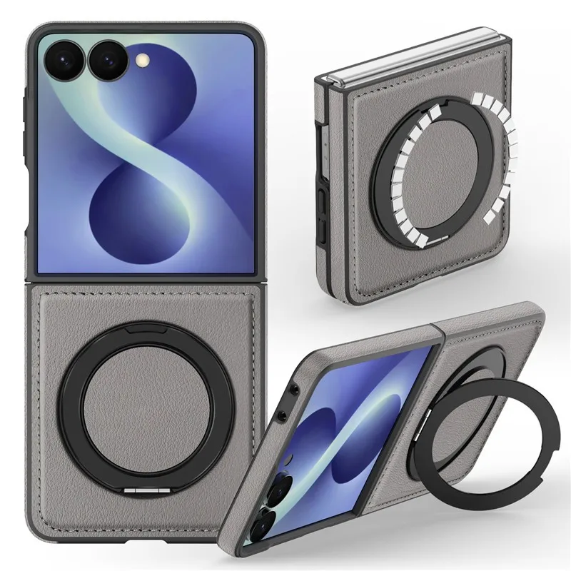 360 Rotating Metal Finger Holder For Magsafe Magnet Case For Samsung Galaxy Z Flip 8 Flip 7 6 5 4 3 Luxury Leather Stand Cover