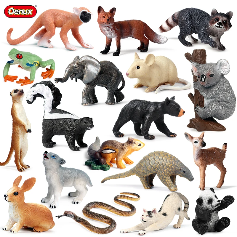 Oenux Woodland Animals Action Figures Wild Fox Deer Snake Squirrel Koala Model Mini Cake Toppers Home Decor Kids Education Toy