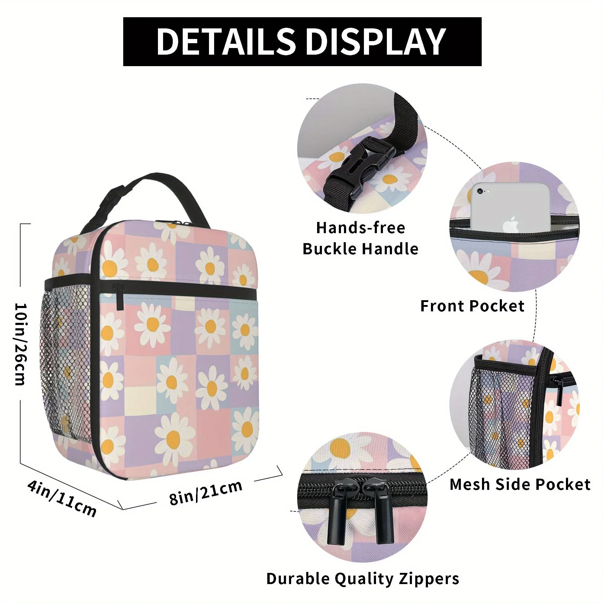 1pc a Pastel Checkered Design Featuring Flowers. This Is a Printed Thermal Bag That Is Insulated And Not Meant for Direct Food C
