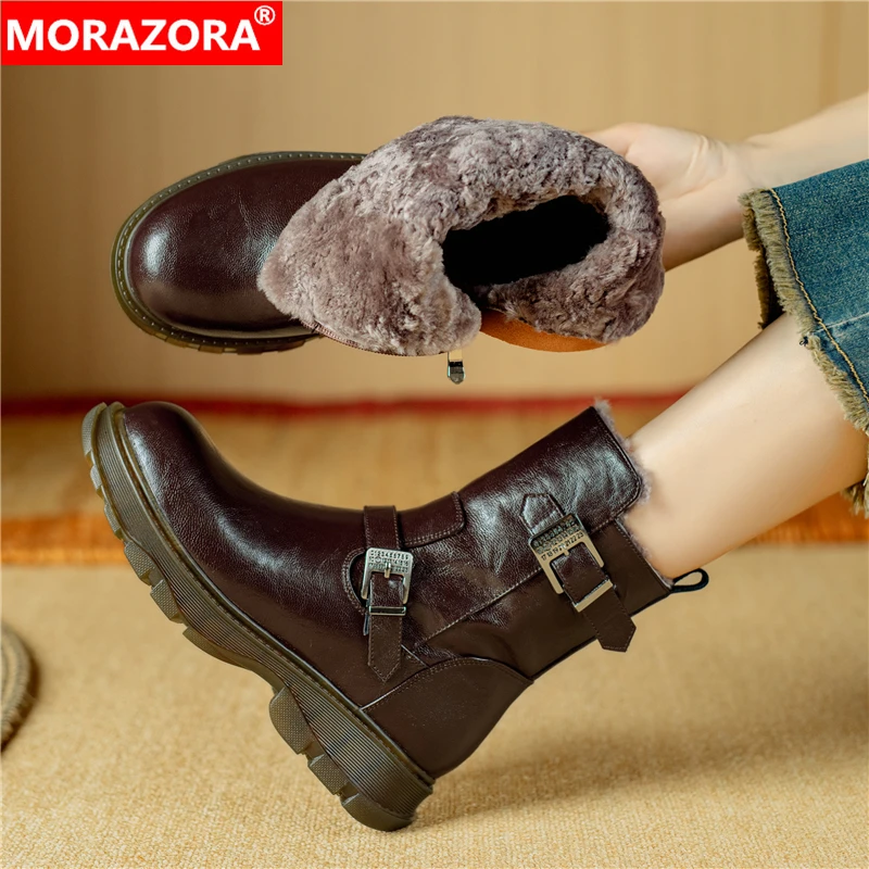 

MORAZORA 2025 New Genuine Leather Snow Boots Women Zipper Nature Wool Warm Winter Boots Buckle Platform Ankle Booties For Women
