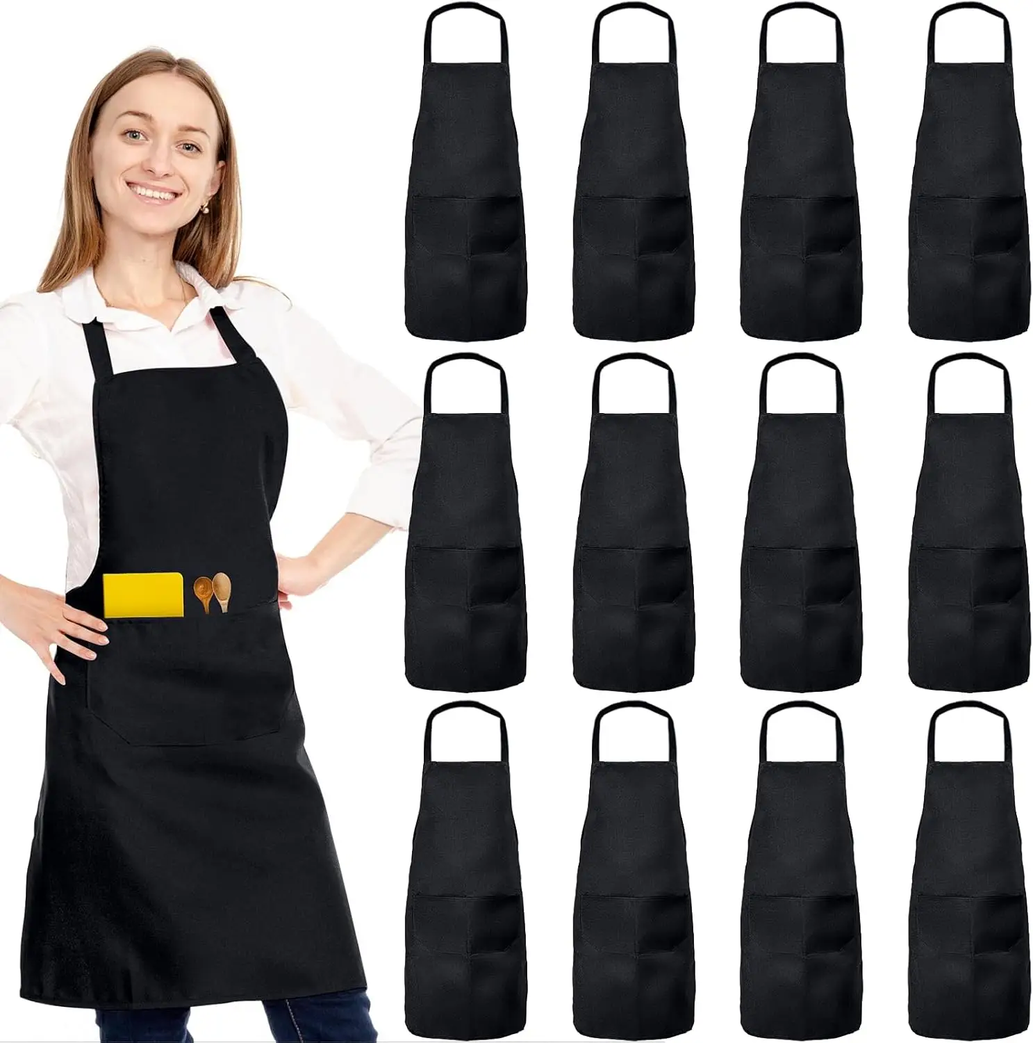 

12 Pack Bib Apron, Unisex Restaurant Kitchen Aprons for Women with 2 Pockets, Chef Aprons for Cooking Men BBQ Painting Drawing