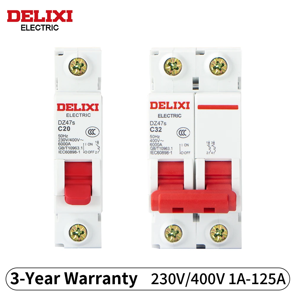 

DELIXI DZ47s 1P/2P 6A 10A 16A 20A 25A 32A 40A 50A 63A Circuit Breaker 230V/400V MCB Din Rail Mount AC Disconnect Switch