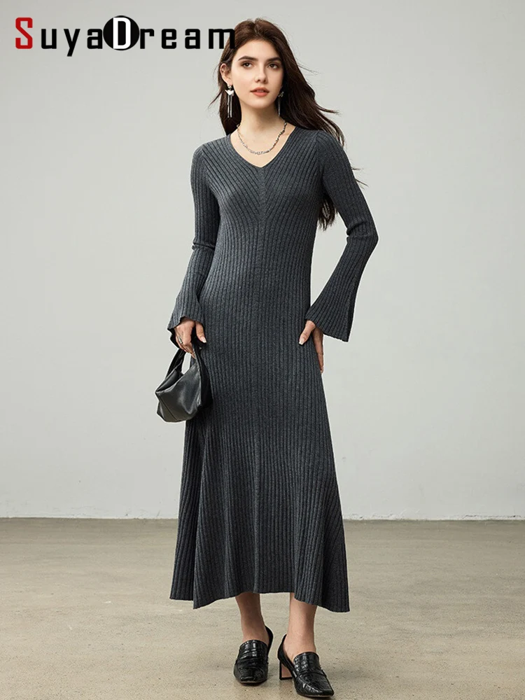 

SuyaDream, Women Winter Dresses, V Neck, Slim Long Dress, 2025 Fall Winter Elegant Ribs Sweater, Black, Beige