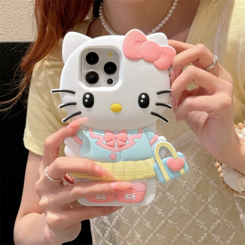 Handtas Sanrio Leuke Hello Kitty Kuromi Voor iPhone 16 15 14 13 12 11 Pro Max Kawaii Y2K 3D Cartoon Silicone Soft Cover Case