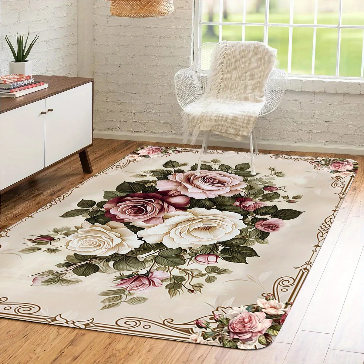 1 Stück Vintage-Blumenmuster-Druck Bodenmatte für Wohnzimmer, Heimdekoration Teppich, Rechteckiger Rutschfester Teppich für Küche