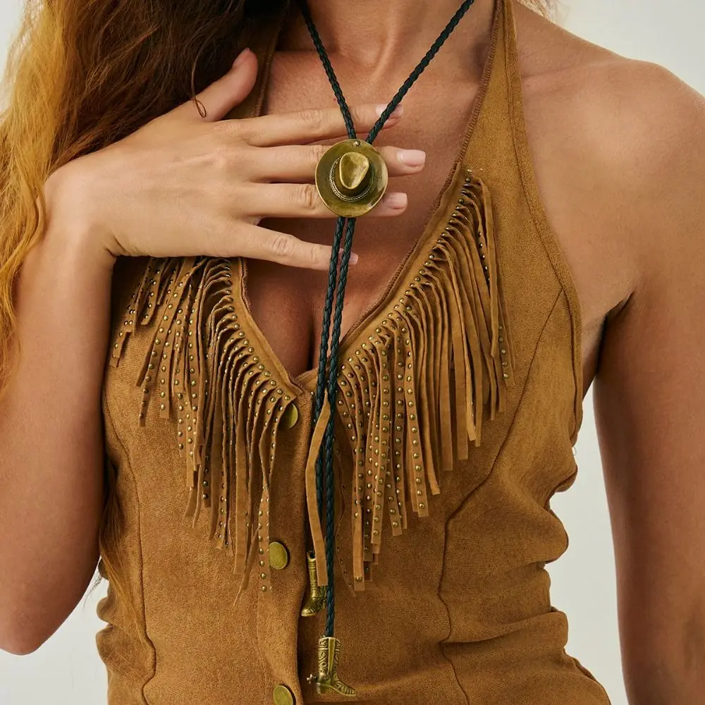 Boot Pendant Ethnic Style Necklace Copper Silver Cowboy Cap Pendant Necklace Collarbone Chain Long PU Leather Necklace Women