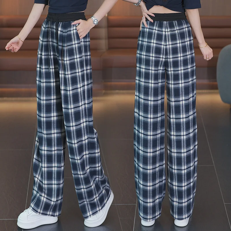 

Fashion Plaid Wide-Leg Pants for Women, Autumn New High-Waisted Slimming Loose Casual Pants, Draped Straight Long Trousers