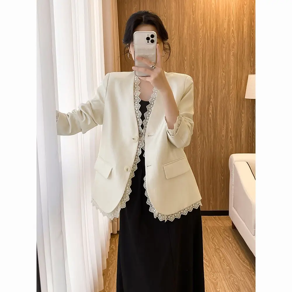 Women Small Fragrant Style Blazer Coat Spring Thin Lace Splicing Casual Lined Suits Jacket Female Korean Gentle Style Outwear
