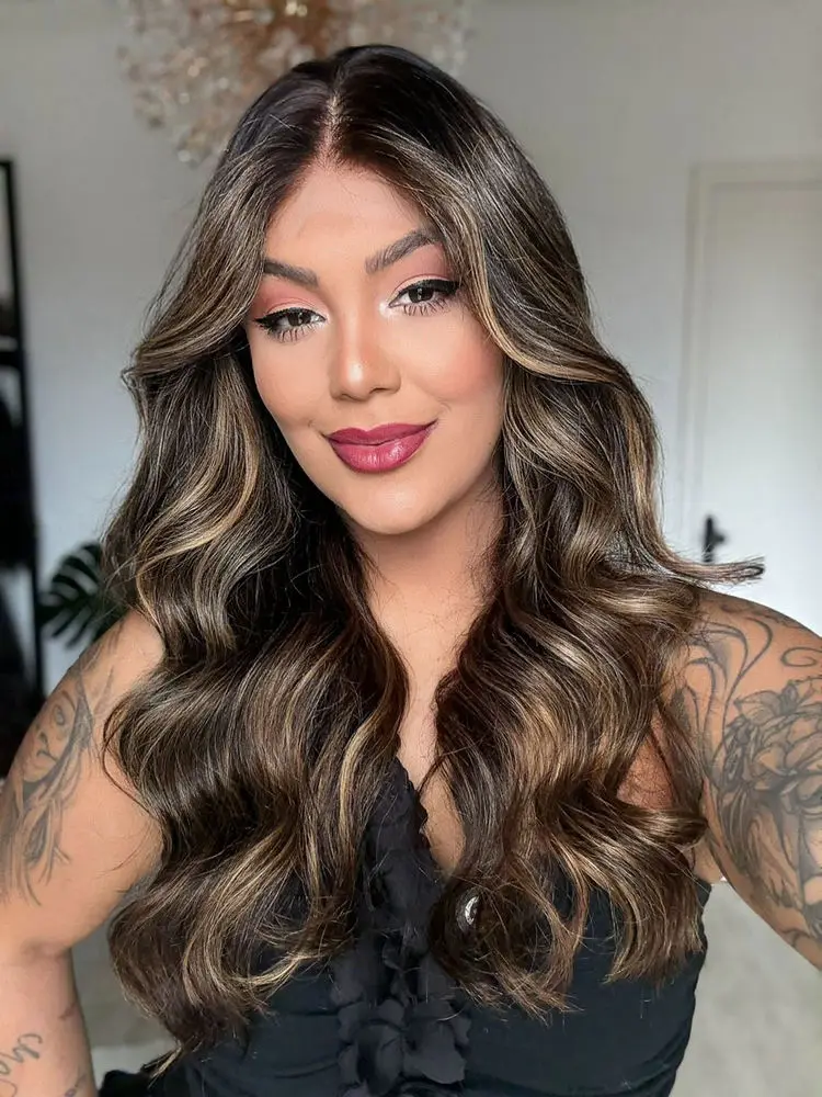 فاخر طويل طول الاصطناعية الدانتيل الباروكات أمامي الجسم موجة HD الدانتيل الشفاف الباروكات تسليط الضوء على الشوكولاته براون الباروكات زي امرأة #2