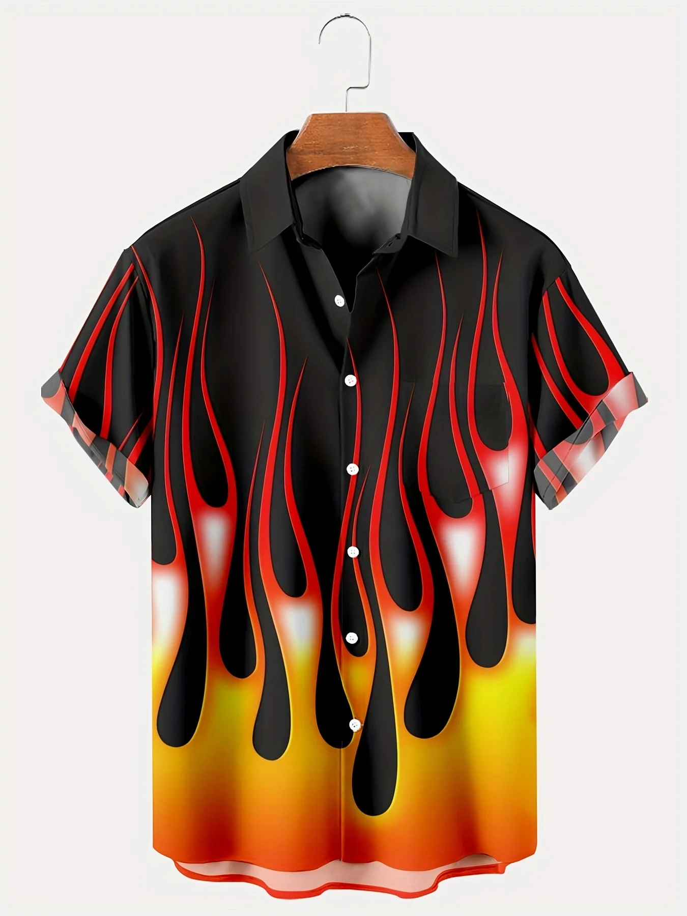 Hawaiian Plus Size Men's Flame 3D Printed Button Shirt with Pockets, Stylish and Chic Streetwear, Casual Cool Menswear