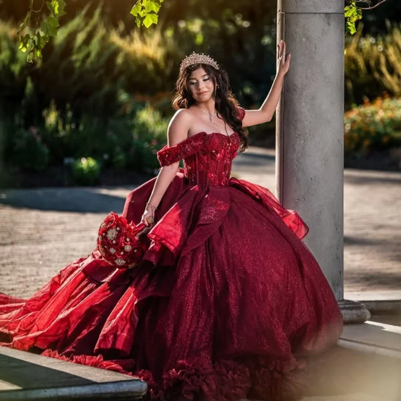 

Shiny Burgundy Quinceanera Dress off-shoulder Crystal Decal Layering 3D Flower Long tail Bow vestidos de 15 Quinceanera ﻿Custom