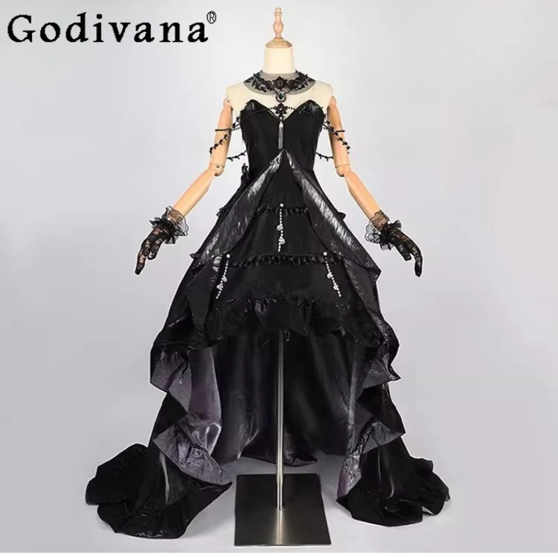 فستان تنكري للعبة القوطية للنساء للهالوين باللون الأسود للحفلات التنكرية مجموعة فستان أداء لعب الأدوار النسائية