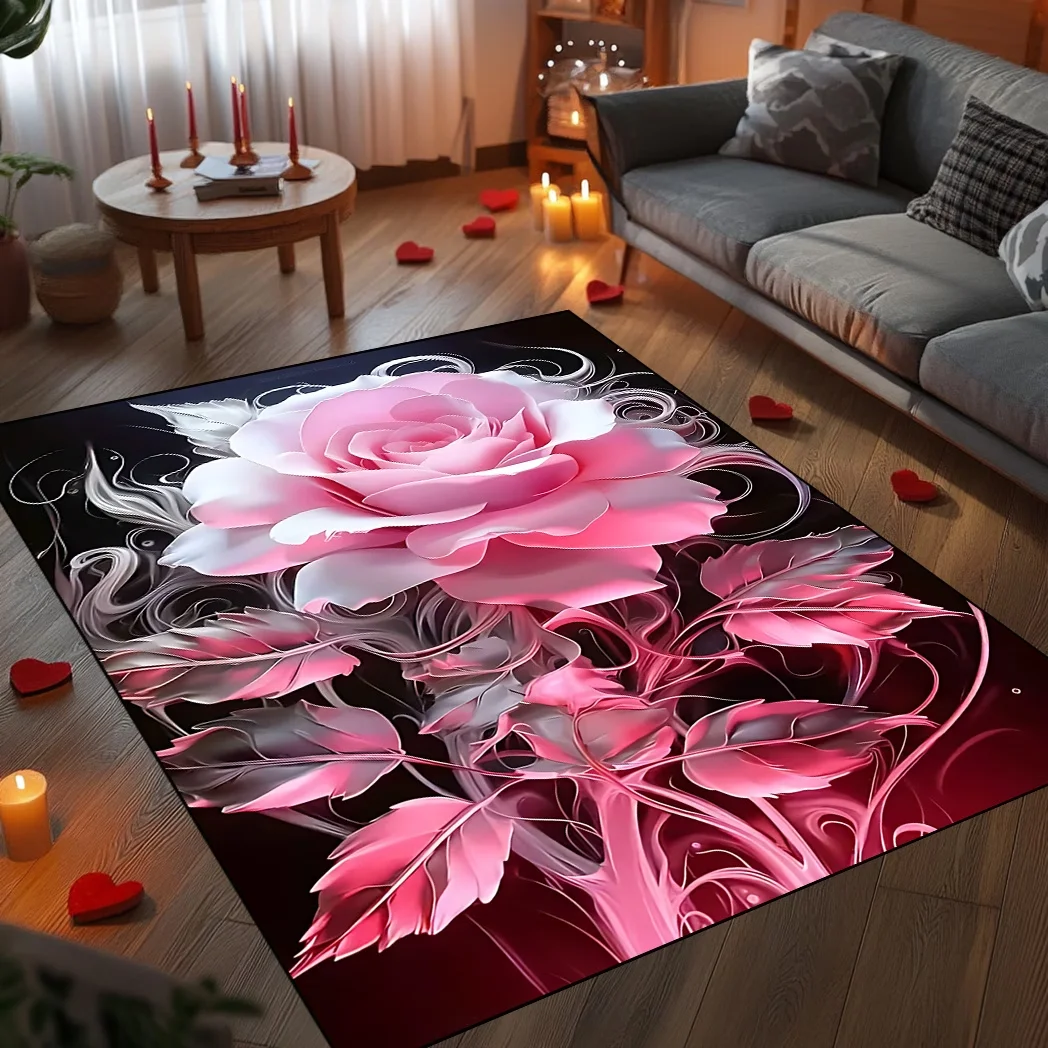 Elegante Teppiche Bodenmatte Rosa Rosenmuster Rutschfester Weicher Bedruckter Bodenteppich für Wohnzimmer Schlafzimmer Küche Heim-Dekoration