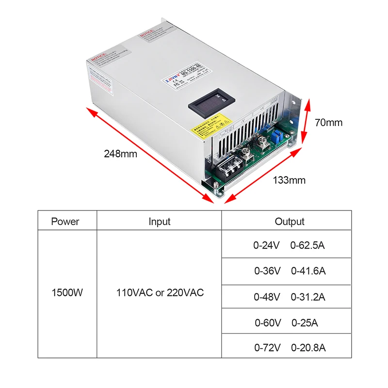 1500W Adjustable Switching Power Supply 110/220VAC to DC 24V 36V 48V 60V 72V 80V 90V 100V 150V 220V MS-1500 With/Without Display