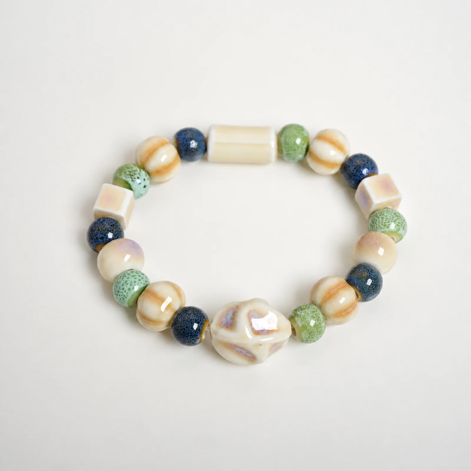 Handmade Ceramic Walnut Bead Stretch Bracelet Handwoven Cord Round Beads Artisan Beaded Jewelry Accessory 608P13-09