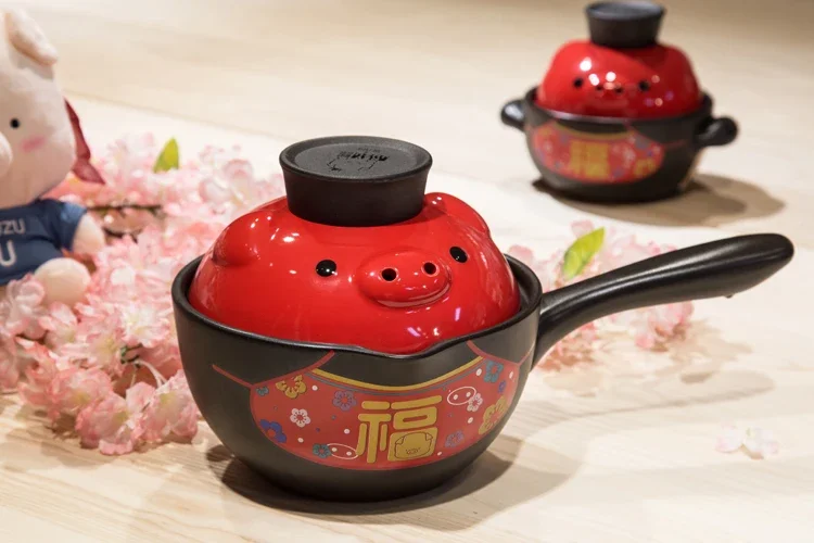 1.5L Red Single handle pig milk pan slow cooker Ceramic Casserole Stew soup cooking pot  gift 1-2people use