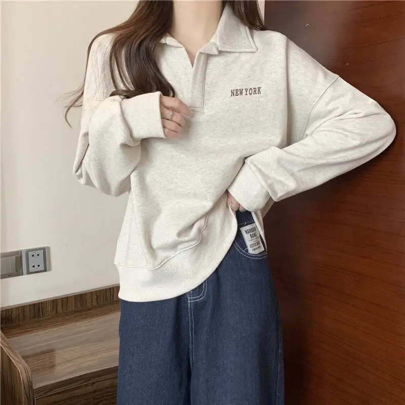 Casual Polo-Neck Loose Sweatshirts Women\'s Clothing Letter Printed Basic Spring Autumn Streetwear Korean Long Sleeve Pullovers