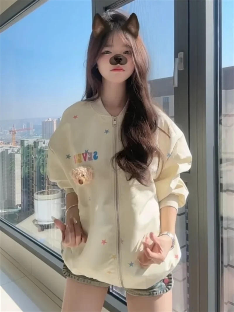 여성용 도파민 베어 펜던트 코트 2025년 봄 신상 루즈핏 스몰 스타 프린트 다용도 학생용 트렌디 탑 여성