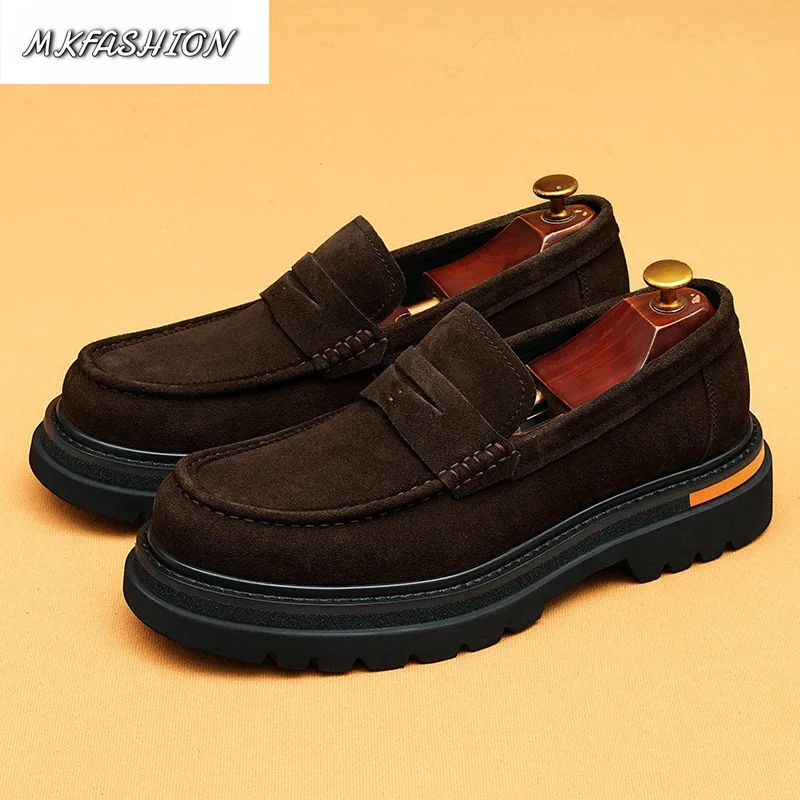 Men's Business Casual Cowhide Suede Leather Shoes Thick Bottom Round Toe Slip On Flats Driving Shoes Footwear