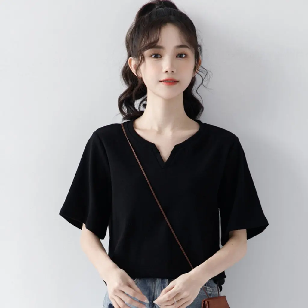 

Women's Hong Kong Style Elegant V-neck Short-Sleeved T-shirt Cotton Summer Top Loose Slimming Solid Color Design Sense