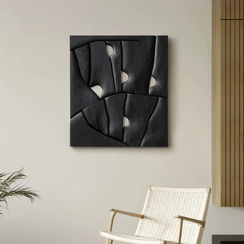 ！@Contemporary Handmade Abstract Black 3D Wood Carving Creative Wall Artwork Texture Home Decor