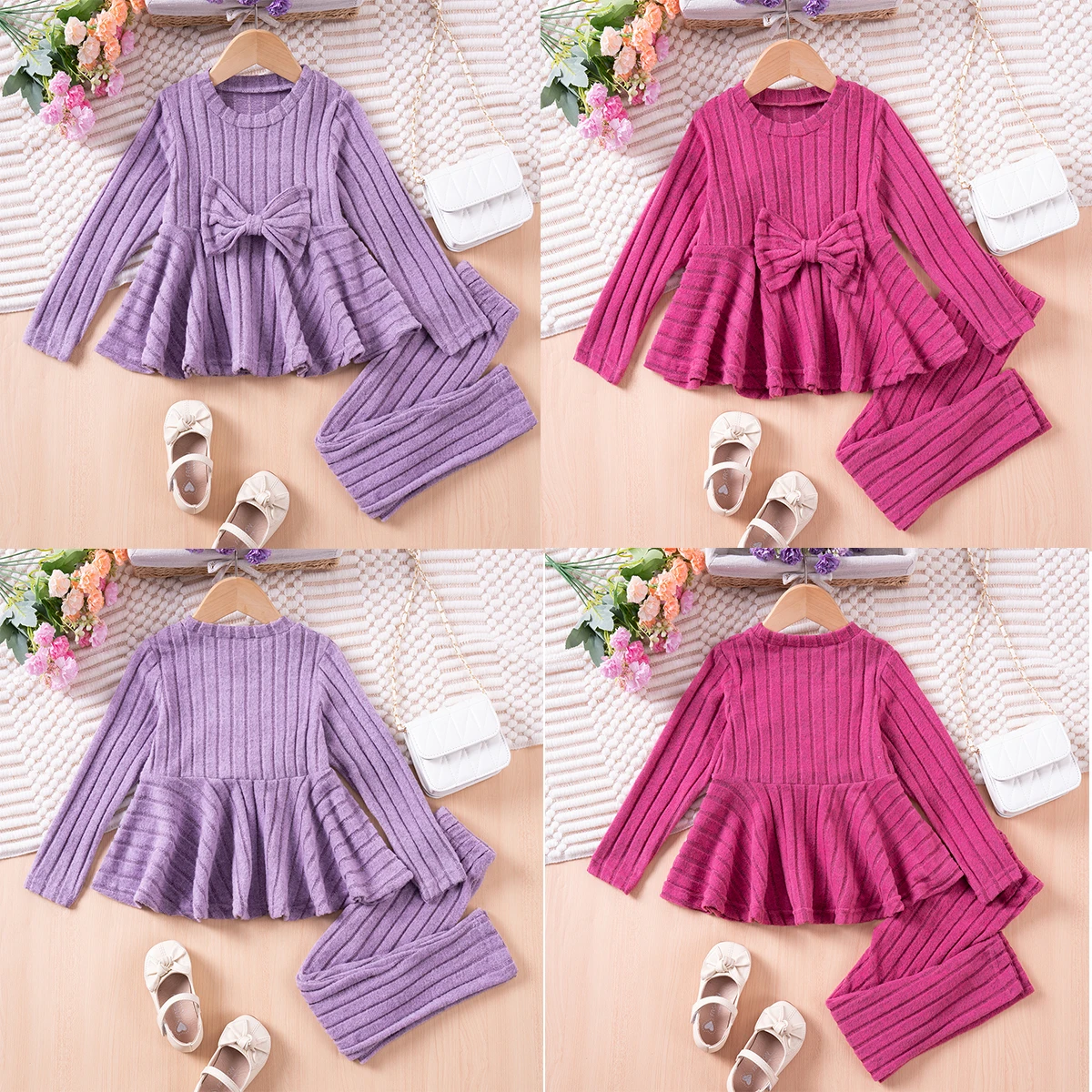 

Spring and Autumn Girl's Suit Solid Color Children's Clothes Sweet Two Piece Big Bow Skirt Top + Long Pants Comfortable and Warm