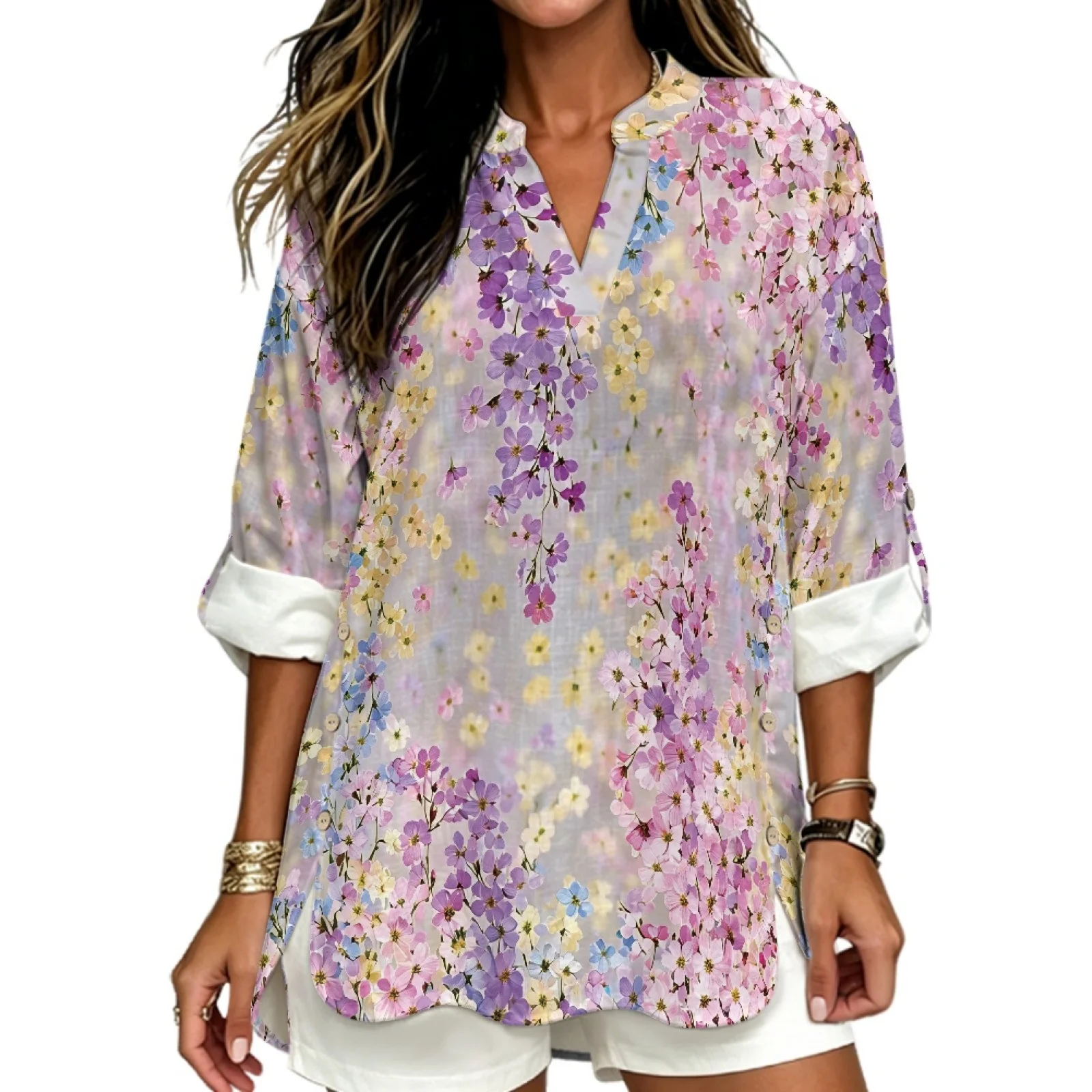PENSTROLL Pastel Purple Floral Linen Like Tunic Blouse Curved Hem Casual Loose Fit Blouses for Work Sizes S-5XL