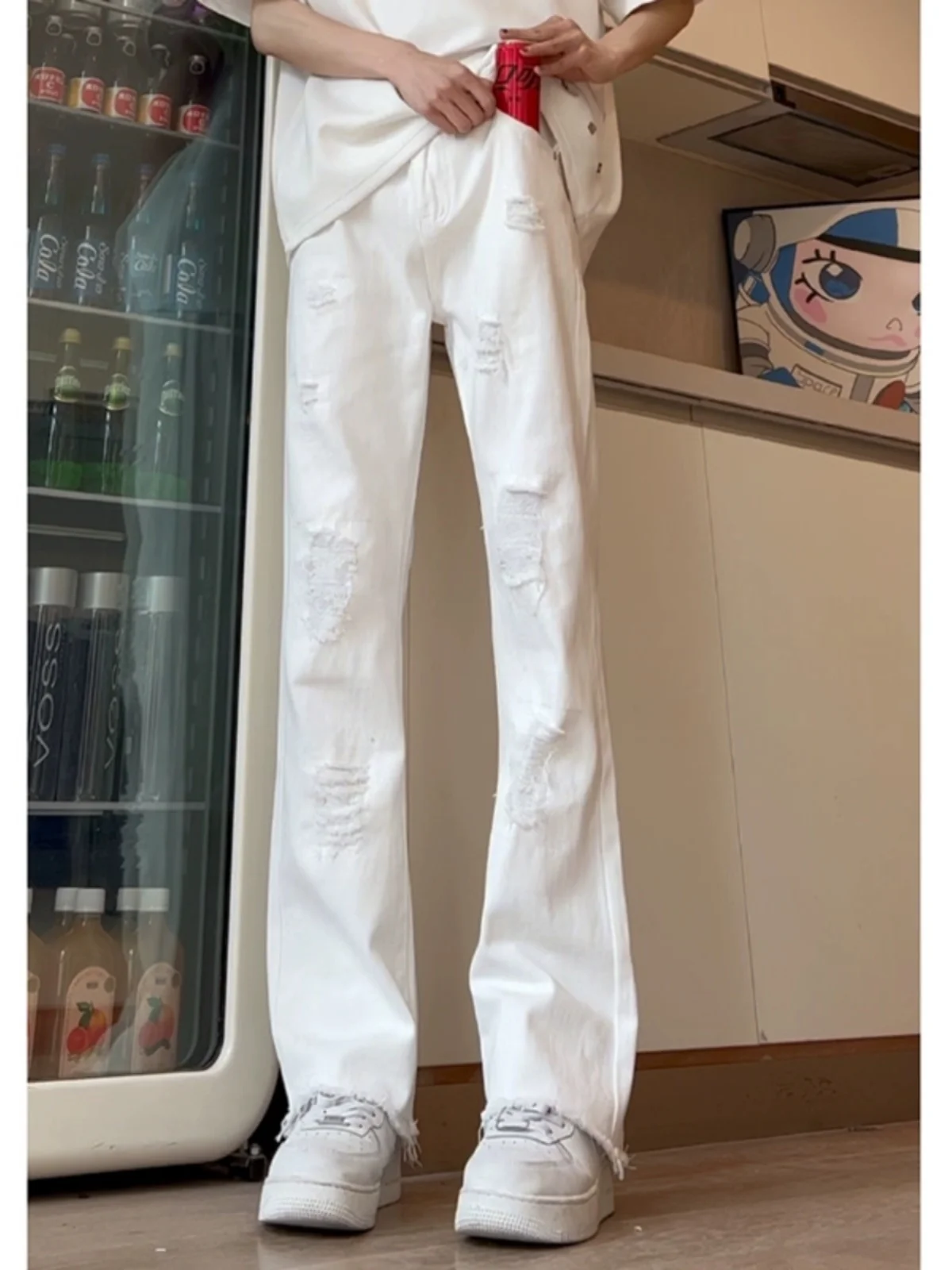 

Летние модные американские белые джинсы в стиле High Street с высокой талией, рваные, прямого кроя, длинные брюки для мужчин, молодежная одежда, смесовая ткань с хлопком