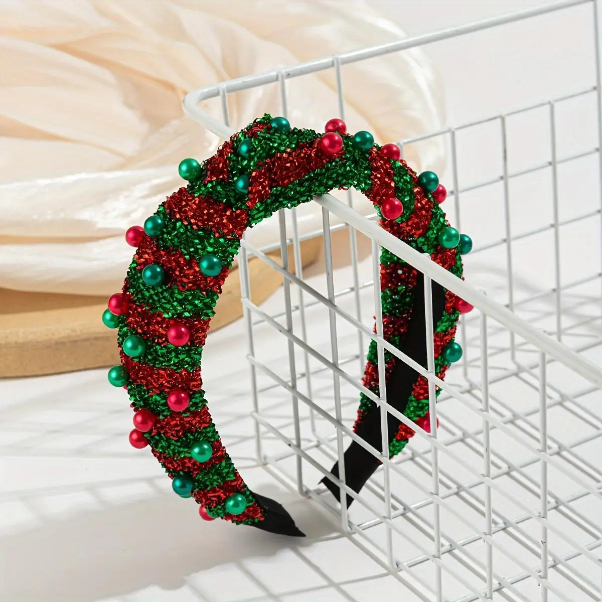 1 unidad de rayas de bloques de color de moda navideña con incrustaciones de perlas, diadema con temperamento brillante, accesorios para el cabello, fiesta y baile