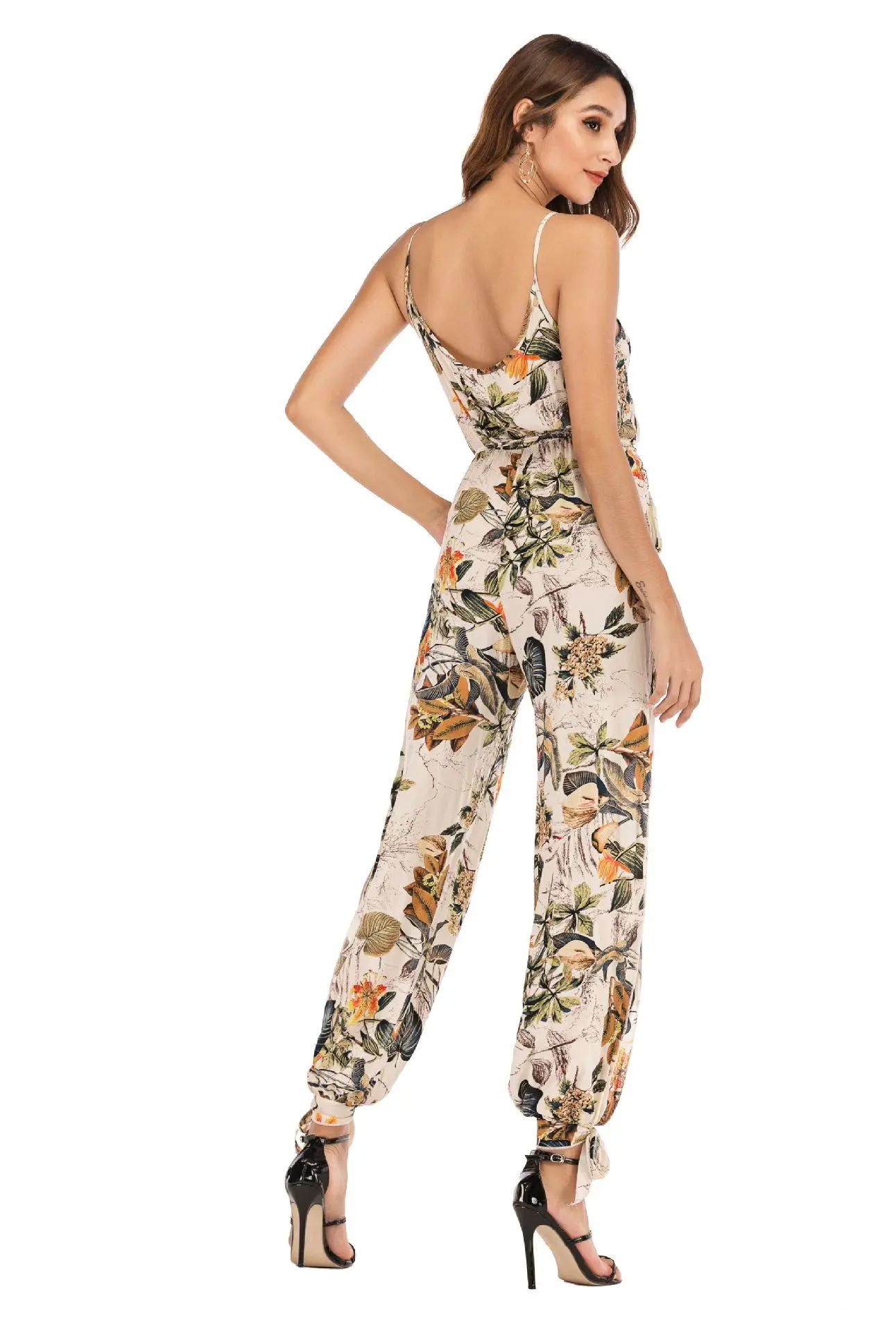 2024 New Arrival Europe and The United States Spring and Summer Models Sexy Backless Tie Rope Deep V-neck Halter Long Jumpsuit