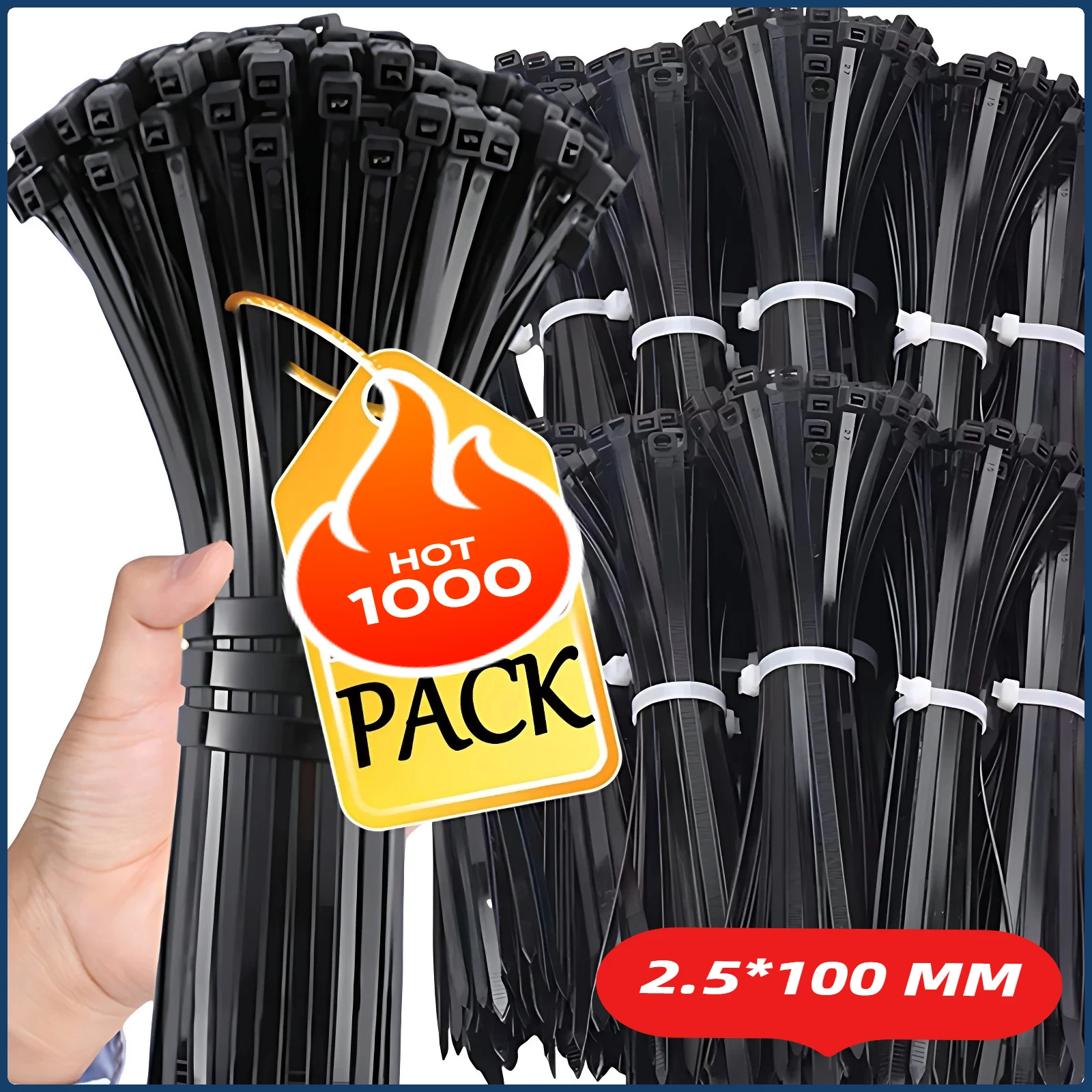1000PCS 2.5×100 Self-locking Plastic Nylon Tie Black Fastening Strap Cable-Tie-Set Cable Zip Tie Fastening Ring Zip Wraps Strap