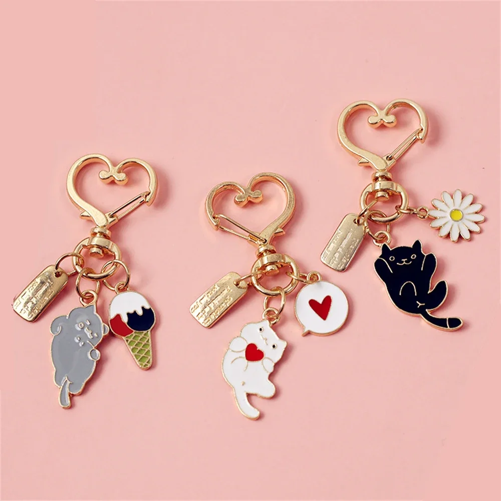 Cute Love Heart Kitten Keychain Cartoon Black White Cat Key Ring for Girls Bag Car Ornaments Accessories Pendant Key Holder Gift