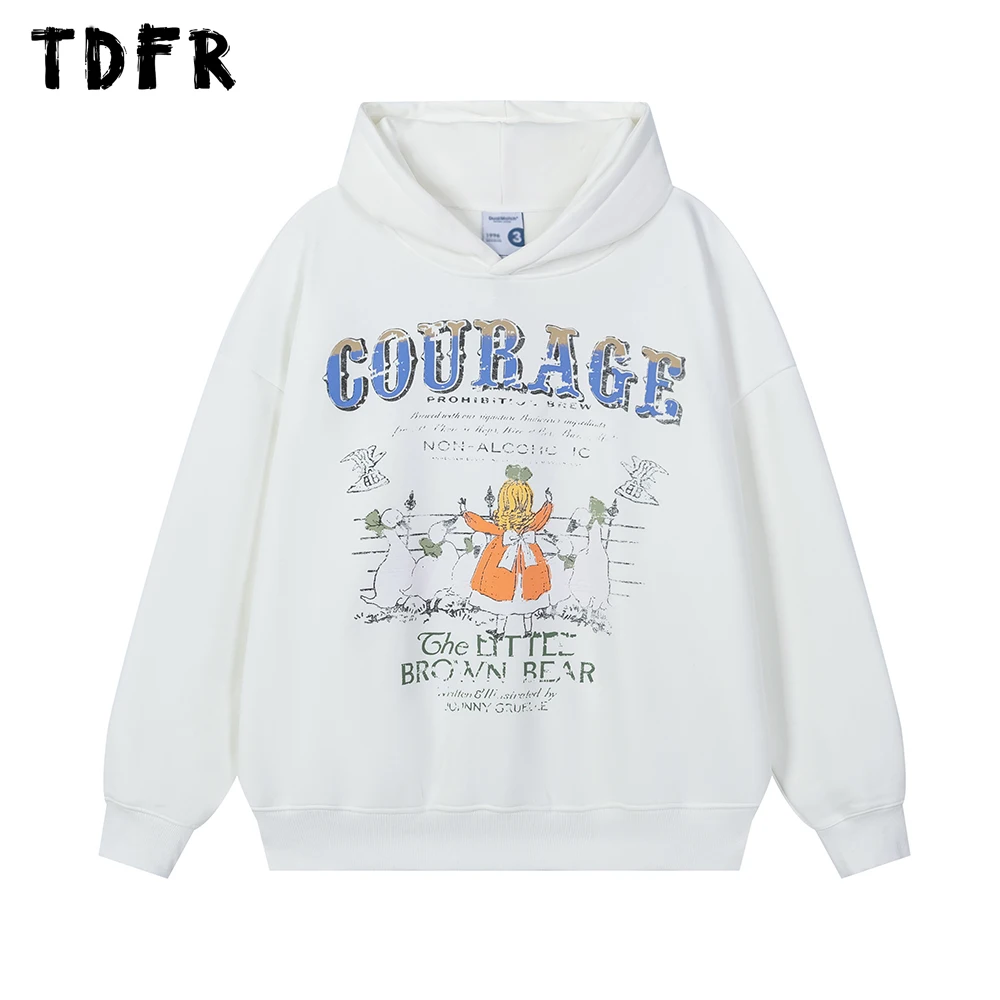 Cartoon Print Hoodies Mens Retro Streetwear Autumn Winter Fleece Loose Drop Shoulder Long Sleeve Hoodies Men