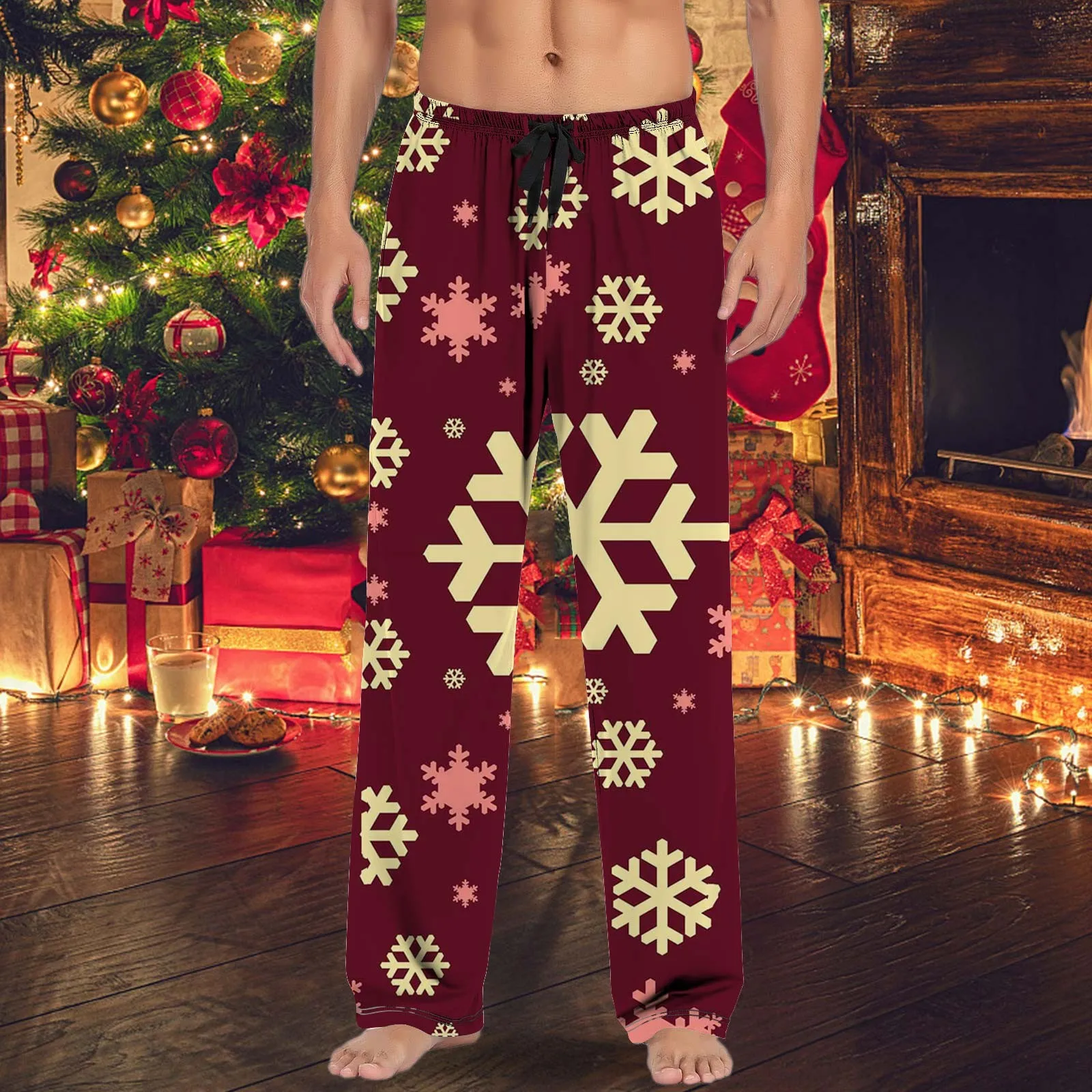 Men’S Christmas Casual Pajama Pants With Drawstring And Pockets Family Party Loose Soft Christmas Tree Printed Straight Trousers