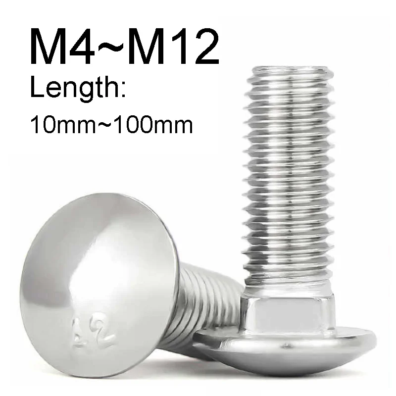 304 Stainless Steel Carriage Bolts M4-M12 M4 M5 M6 M8 M10 M12 Round Head Square Neck Bolts for DIY Fence Furniture Fasteners