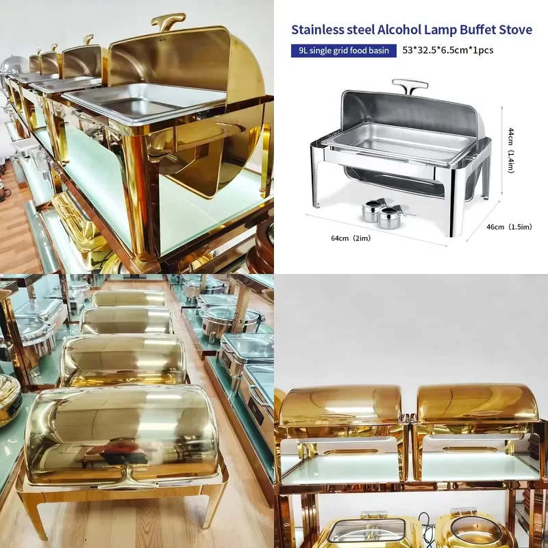 Stainless Steel Rectangle Golden Chafing Server Set for Catering Commercial Roll Top Buffet Server, Chafing Dish for Parties