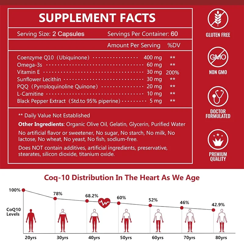 Ubiquinol CoQ10 400mg, with Omega-3 & L-Carnitine & PQQ, Coenzyme-Q10 Capsules, for Antioxidant, Heart, Brain & Cellular Energy
