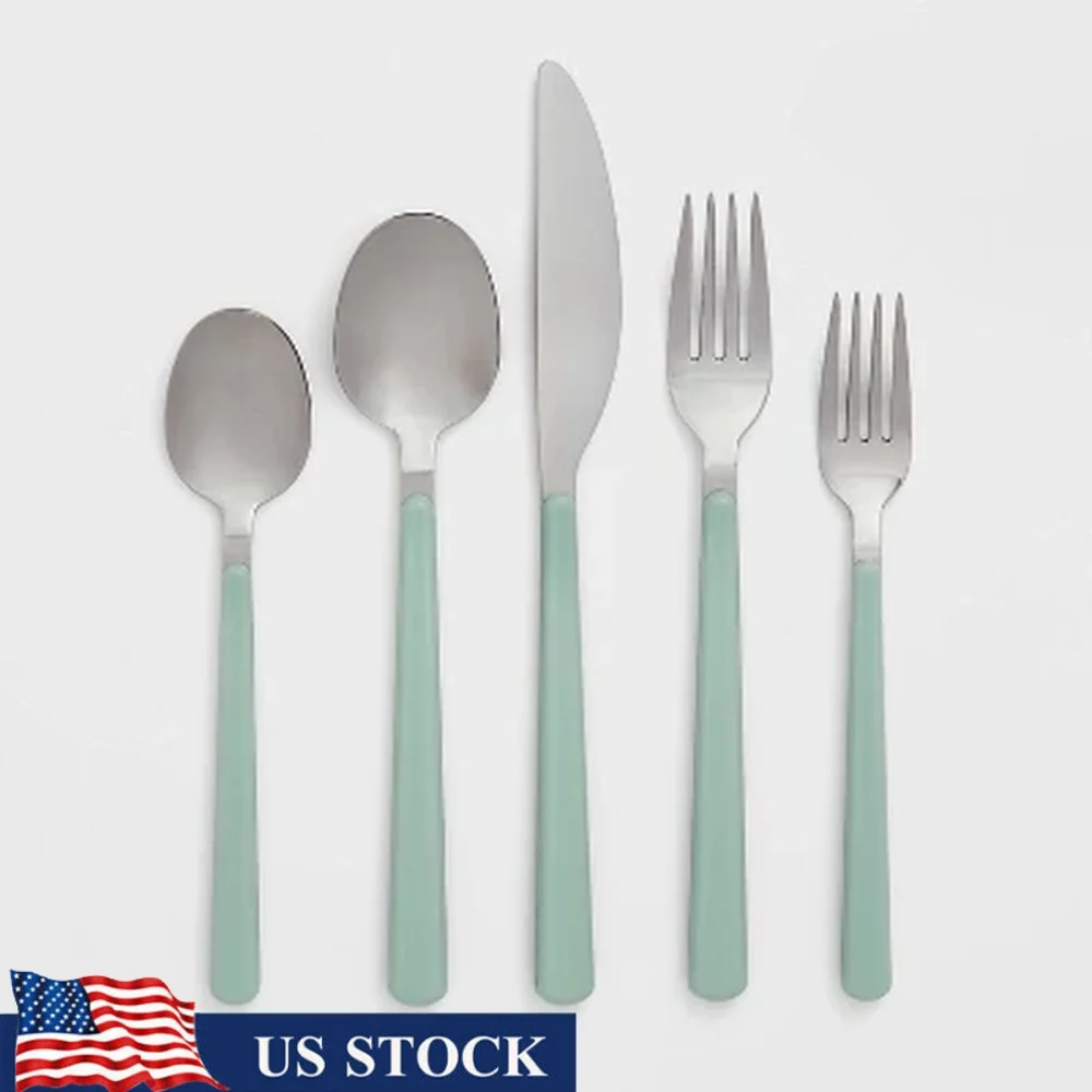 

20pc Stainless Steel Flatware Set Plastic Handle Service 4 Dinner Forks Spoons Knives Dishwasher Safe Kitchen Essentials